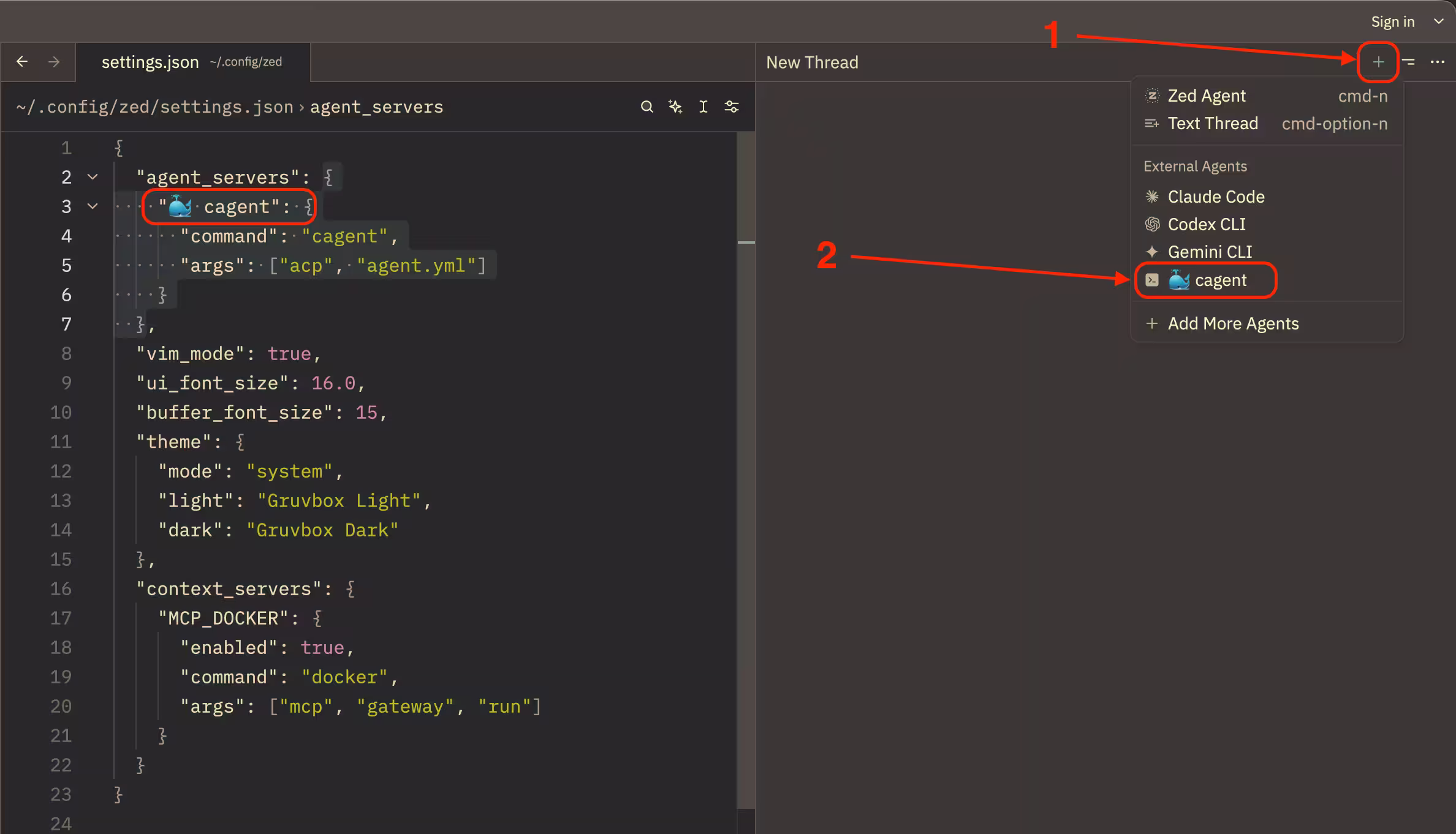 Zed 中使用 cagent 的新外部线程
