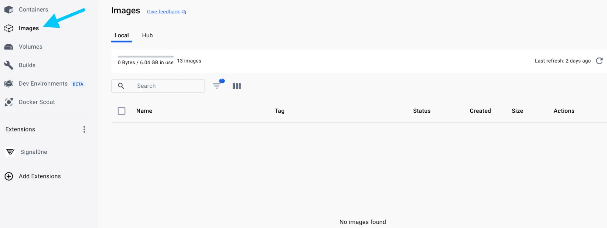 Docker Desktop 仪表板的截图，显示左侧边栏中的镜像视图