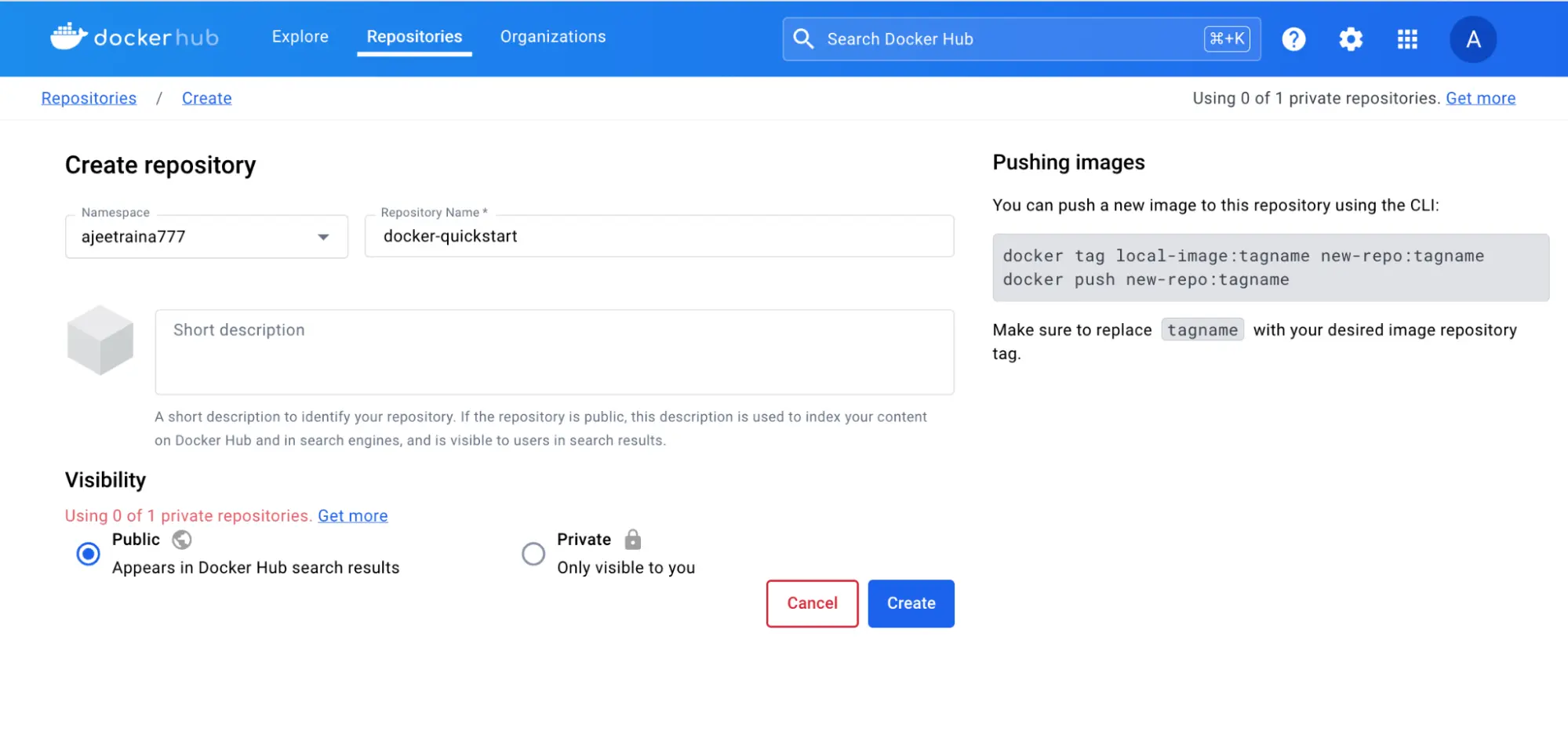 Docker Hub 页面截图，显示如何创建公共镜像仓库