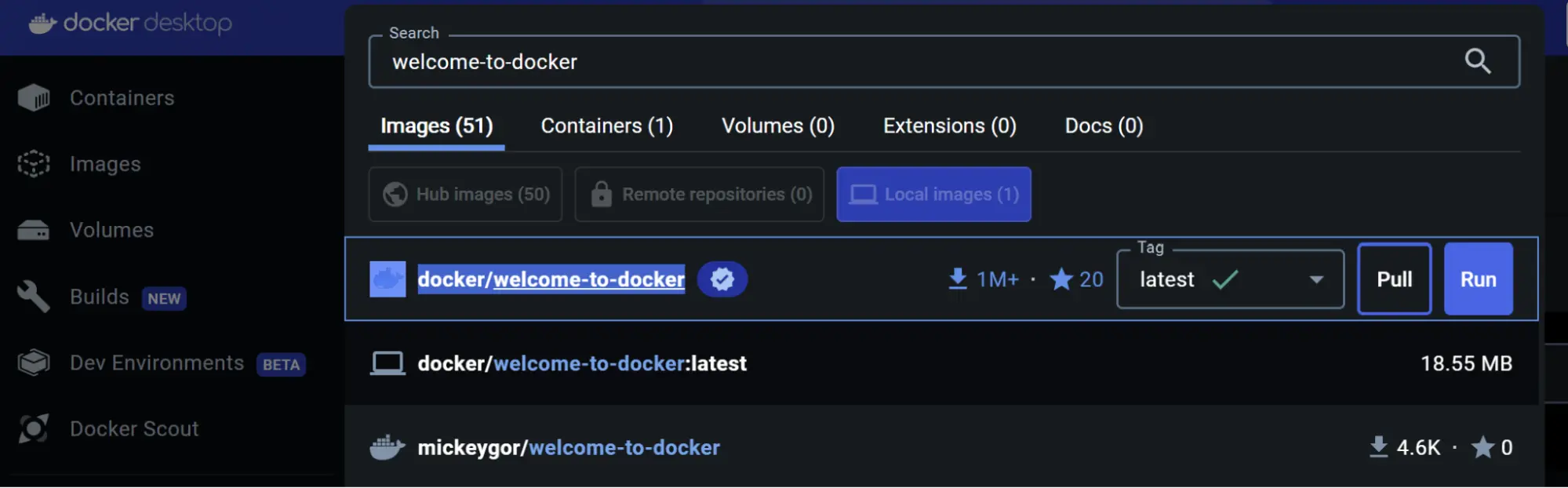 Docker Desktop 仪表板的截图，显示 welcome-to-docker 镜像的搜索结果