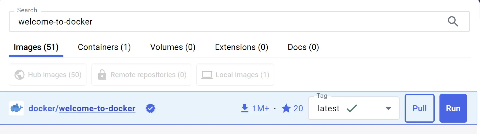 Docker Desktop 仪表板的截图，显示 docker/welcome-to-docker 镜像的搜索结果