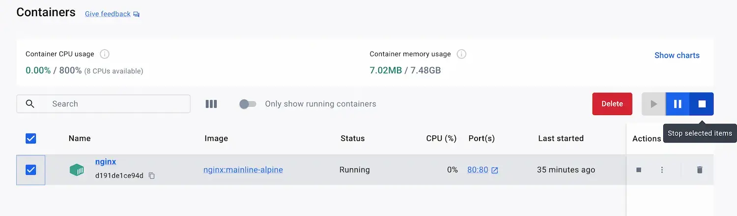 Docker Desktop 仪表板的截图，已选择 welcome 容器并准备停止