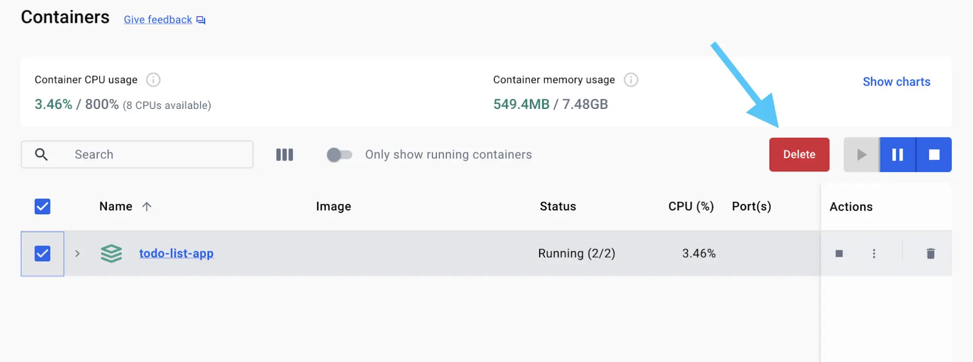 Docker Desktop GUI 的截图，显示容器视图，箭头指向“删除”按钮