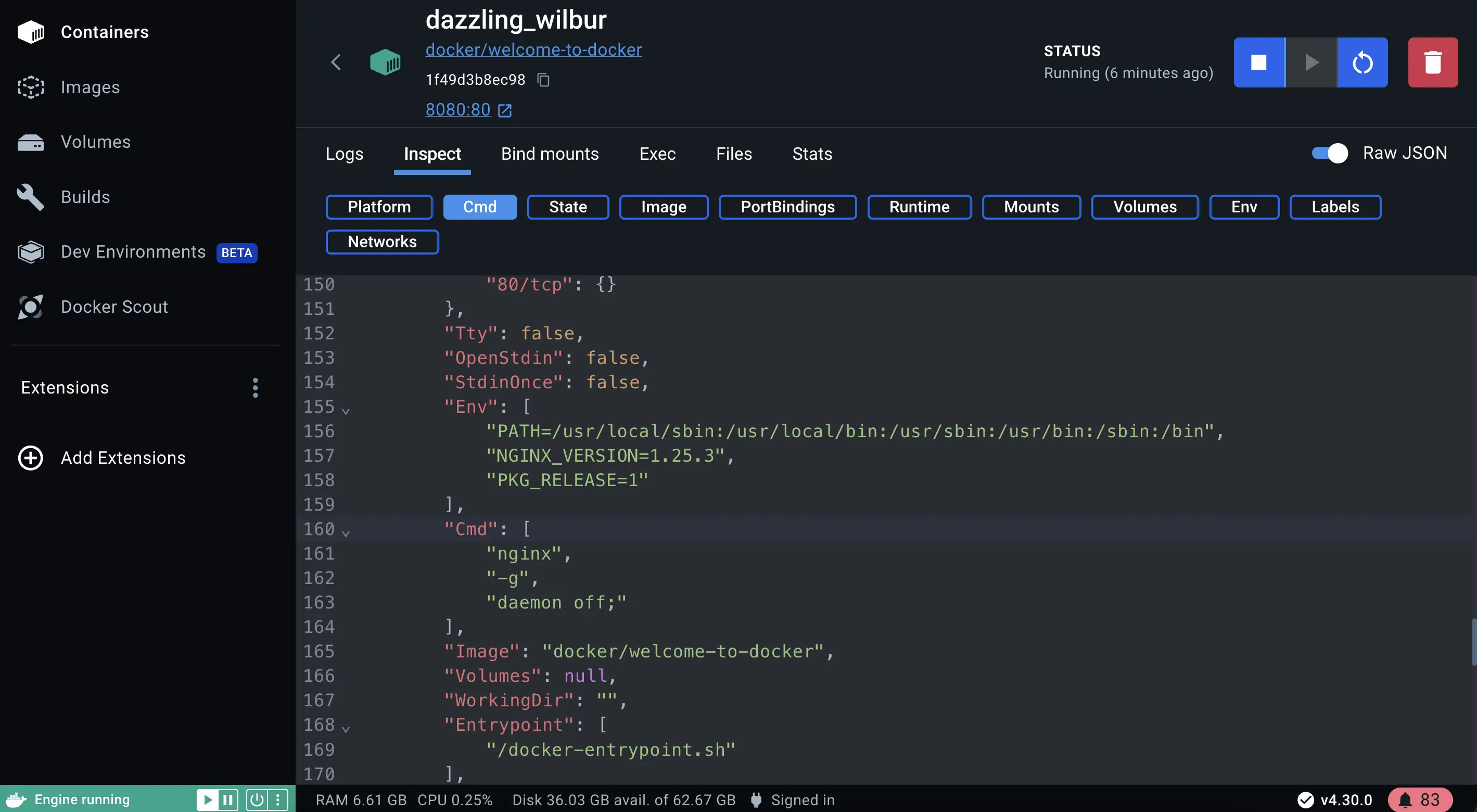 在 Docker Desktop 中检查正在运行的容器的截图