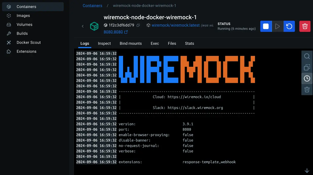显示 WireMock 容器在 Docker Desktop 上运行的日志的示意图 